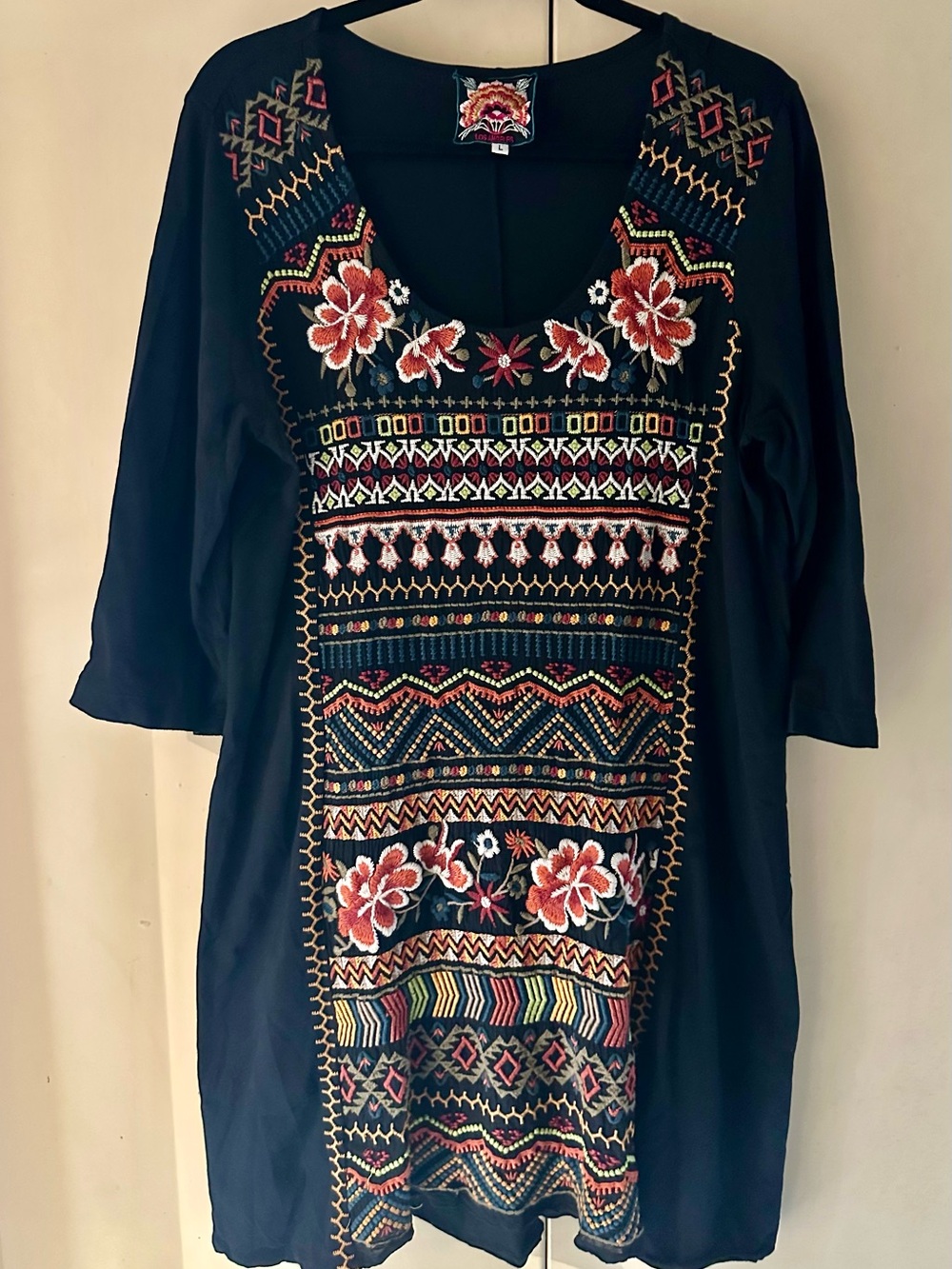 Johnny Was Frederique Embroidered Panel Knit Tunic Dress Black Size L